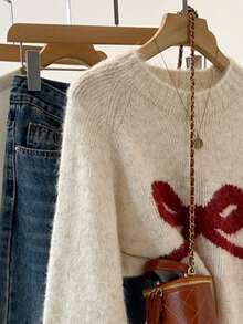 蝴蝶结针织套头衫，罗纹圆领可爱女式毛衣，秋季 - 米色 - 查看 5
