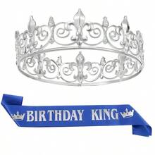 國王皇冠與生日肩帶，男士國王皇冠，金色男士王子頭飾，皇家中世紀角色扮演生日派對萬聖節髮飾，適用於21、30、40、50、60、70和80歲男士派對裝飾禮物 - 彩色 - 查看 7