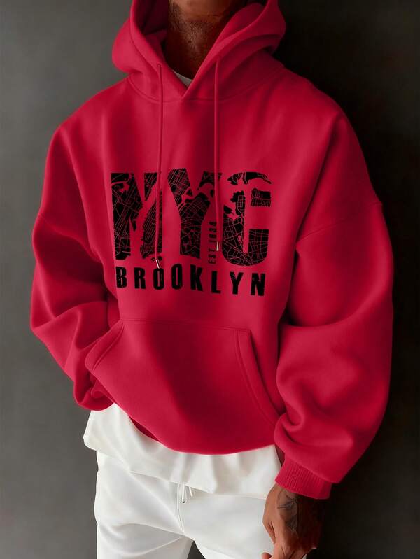 Men's Casual Street Style NYC Slogan Print Pocket Drawstring Hoodie, Spring/Autumn