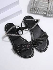 Versatile Minimalist Flat Open Toe Sandals With Delicate Rhinestone Design, Vintage Style Suitable For Dates, Commuting, Travel - Black - View 5