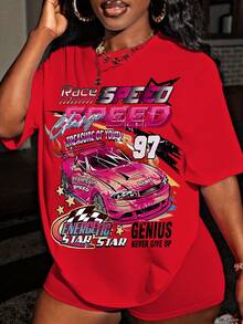 Women's Y2K Racing Graphic T-Shirt, Retro Speed Text Print, Loose Fit Streetwear Top, Short Sleeve Summer Casual Tee, Motorcycle Inspired Fashion - 紅色 - 查看 1