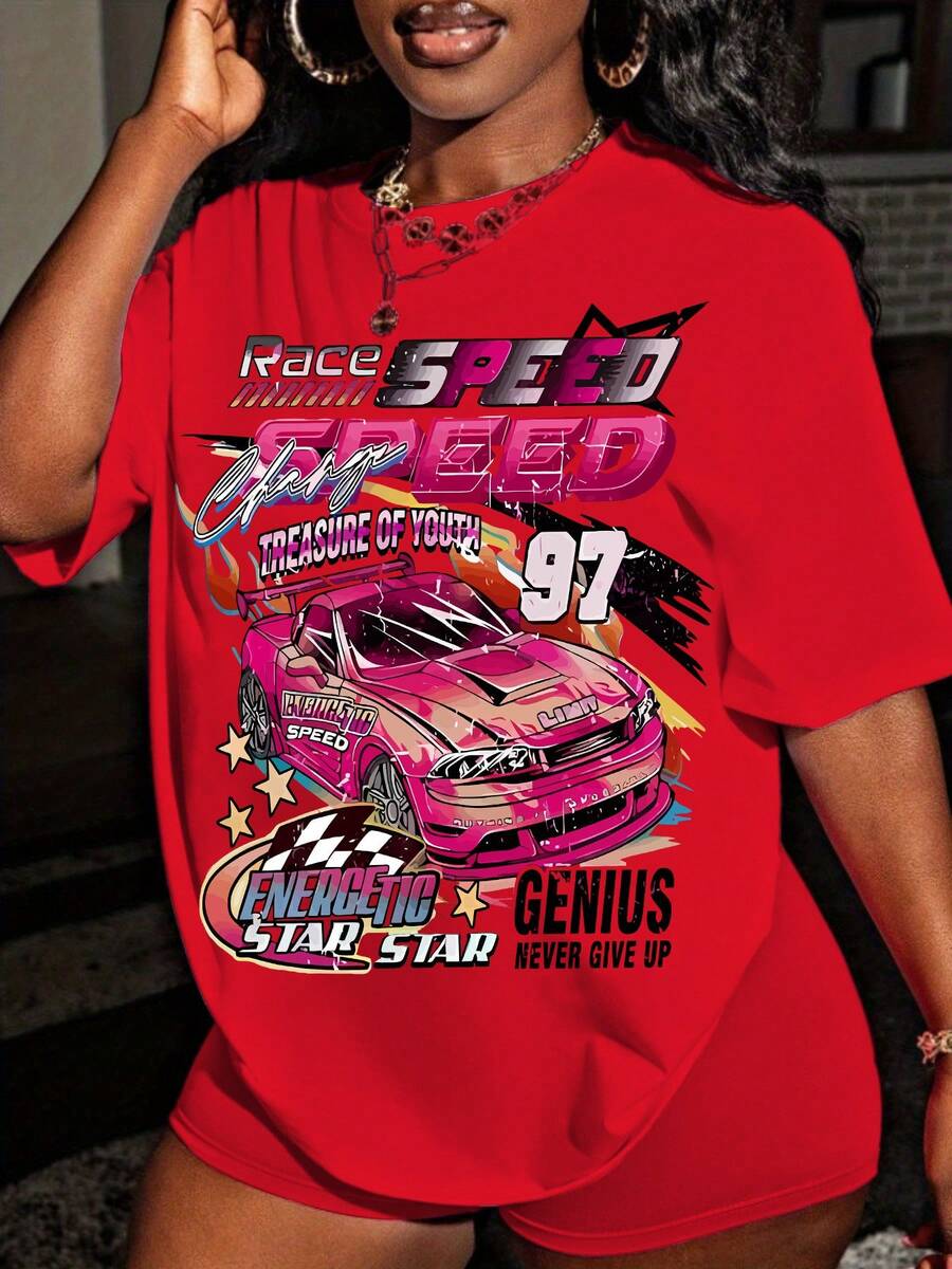 Women's Y2K Racing Graphic T-Shirt, Retro Speed Text Print, Loose Fit Streetwear Top, Short Sleeve Summer Casual Tee, Motorcycle Inspired Fashion - 紅色 - 查看 1