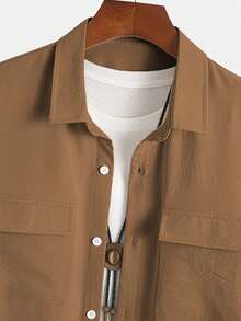 Men's Solid Color Comfortable Breathable Material Polo Collar Double Pocket Loose Long Sleeve Shirt And Drawstring Accent Pants Two Pieces Set, Suitable For Casual, Fashion, Commuting, Street Style, Summer New Arrival - Brown - View 4