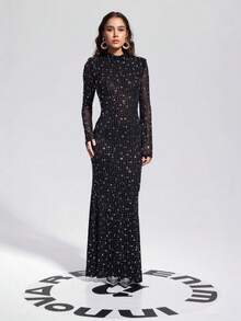 Long Sleeves High Neck Diamond Maxi Dress - 黑色 - 查看 2
