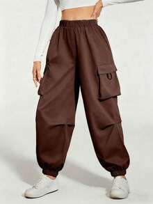 1pc Tween Girls Outdoor Street Casual Solid Color Cargo Pants - Brown - View 3