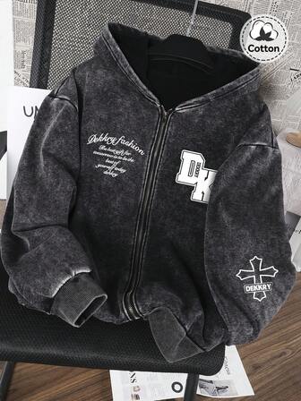 Men's Street Style Graphic Hoodie Sweatshirt, Slightly Stretchy Fitted Washed Thermal Lined Cotton Blend Black Long Sleeve Zip-Up Casual Jacket