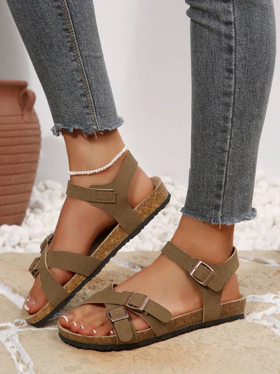 Teenagers' Summer Soft Cork Bottom Stable Foot Protection Roman Sandals, Teenagers' Sandals Retro Buckle Design Khaki Faux Suede Round Toe Criss-Cross Strap Teenagers' Flat Sandals, Casual Versatile Suitable For Daily Casual, Beach, Holiday Wear - Khaki - View 1