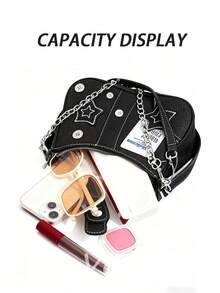 Y2K Star &Y2K Fashionable Multi-Functional Star & Moon Design Unique Pink Chain Decor Crossbody Bag, Ladies Baguette Bag, Niche Design, Steampunk, Gothic, Ladies Bag, Cool Girl Streetwear, Music Festival, Party, Ladies Rock Style Bag Suitable For Girls'' Street Style, Celebrity Same Style Printed Female Shoulder Bag, Y2k Bag, Gothic Punk Bag For Women, 2000s Fashion Style Bag For Women,Christmas Outfit,,Christmas Campus,,Holiday Travel,Christmas Party - màu đen - Xem 5