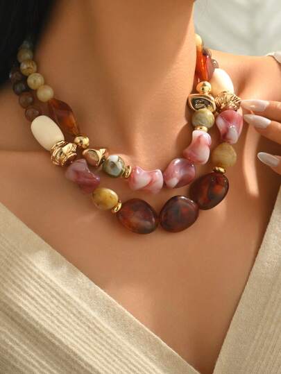 1pc Fashionable & Elegant Bohemian Style Amber Resin & Pink Cream Floral Resin Beaded Necklace, Featuring Gold CCB Beads, Also Available In Red & Beige, Brown Beaded Styles, Can Be Worn Individually Or Layered, Suitable For Elegant Ladies To Match Any Outfit For Vacation, Party, Evening Jewelry, Each Resin Bead Has A Unique Color, Molding Marks On Beads Are Normal