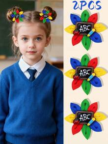 2pcs Back To School Hair Clips For Girls,Flower Shape Cute Barrettes Alligator Clips Adorable Blackboard Decor Exquisite Hairpins School Daily Hair Accessories Girls Hair Accessories - Multicolor - View 2