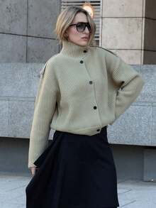 Áo khoác cardigan dệt kim cổ đứng dáng vintage thanh lịch dành cho nữ, áo khoác dài tay cài nút thời trang, thích hợp cho mùa thu/đông. - Màu xanh Ô liu - Xem 6