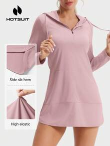 HOTSUIT Women's Hooded Long Sleeve Shirt With Pockets, Half-Zip Design, Suitable For Lightweight Outdoor Sports Like Running And Fishing In Summer - Pink - View 2