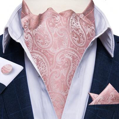 Mens Ascot Pink Cravat Handkerchief Cufflinks Set Wedding Formal Casual Gift