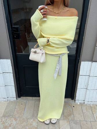 女士纯色罗纹毛衣和迷你裙两件套，休闲秋冬装