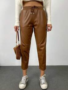 Women's Black PU Leather Tapered Pants With Drawstring And Pockets Casual Elegant Style Medium Stretch Long Cropped - Brown - View 7