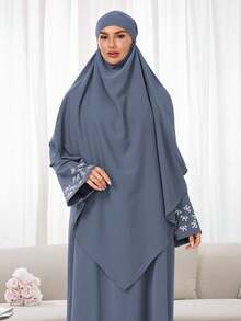 两件套：头巾+长袍，袖口刺绣设计，宽松舒适的穆斯林服饰，适合女性日常穿着和祈祷，四季皆宜 - 彩色 - 查看 13