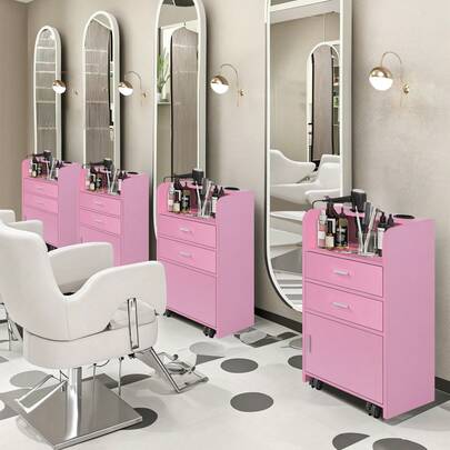 Salon Station For Hair Stylist, Black Beauty Barber Station, Salon Trolley Cart With Wheels, Mobile Organizer For Salon, Spa, Barbershop, Nail & Beauty Tools, Black Black/ White/ Pink