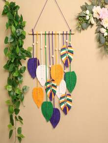1pc Bohemian Handmade Woven Leaf Tapestry, Room Decor Hanging Wall Art With Tassels, Photo Display For Bedroom - Green - View 13