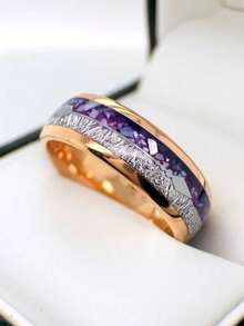Stainless Steel Ring With Inlaid Silver Foil And Carbon Fiber, Domineering Design For Men Classic Rose Gold Stainless Steel Wedding Band For Men, Arrow Inlay Design, - Multicolor - View 7