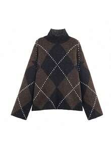 Elegant Women Vintage Rhombus Pattern Skirt Set, Suitable For Autumn/Winter - 棕色 - 查看 9