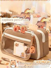 7件套包含：笔袋和玩偶、5张贴纸、可爱水豚笔袋、多层水豚笔盒、水豚胸针。适用于收纳学校用品、钢笔、尺子、橡皮擦、家居装饰（5张随机贴纸）、返校礼物 - 米色 - 查看 5