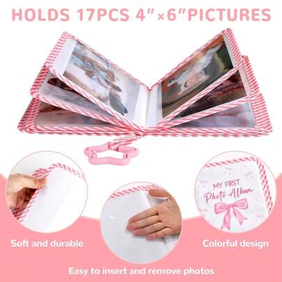 Álbum de fotos familiar para bebés, suave, con estampado de lazo rosa, para recién nacidos, bebés y niños pequeños.