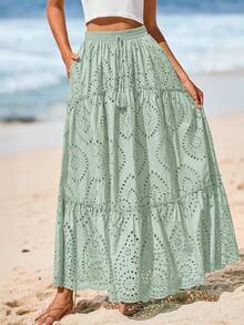 Women's Casual Lace Embroidery Eyelet Elastic High Waist Tiered A-Line Flowy Long Skirt Summer Boho Bohemian Beach Spring Holiday Vacation Going Out Valentine Long Maxi Skirt Outfits - 淺綠色 - 查看 1