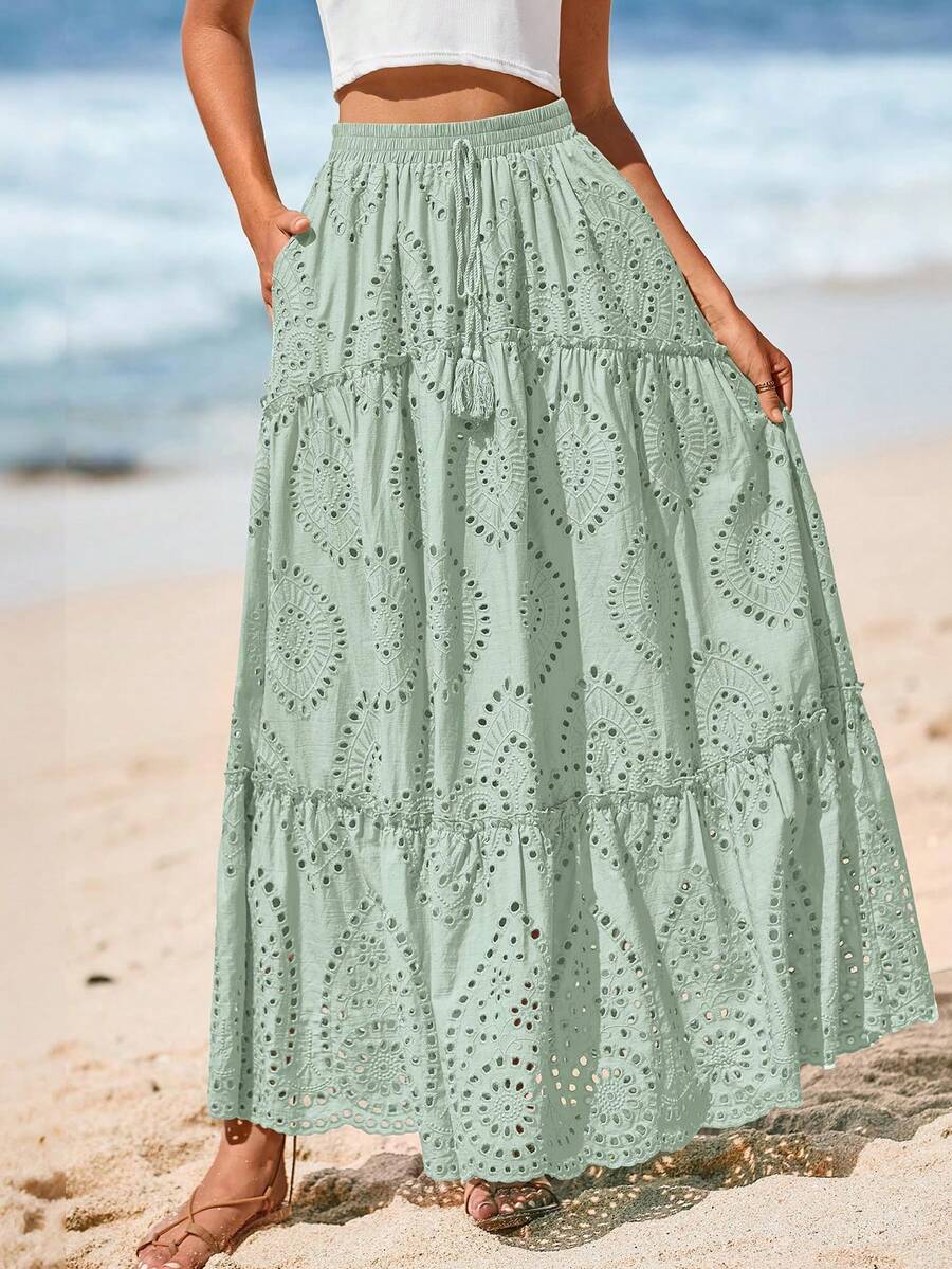 Women's Casual Lace Embroidery Eyelet Elastic High Waist Tiered A-Line Flowy Long Skirt Summer Boho Bohemian Beach Spring Holiday Vacation Going Out Valentine Long Maxi Skirt Outfits - 淺綠色 - 查看 1