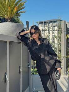 Women's Casual Commuting Two Pieces Set With Hot Drilling, Loose Shirt + Wide-Leg Pants Casual Suit For Commuting And Dating Outfits Black Spring - Black - View 1