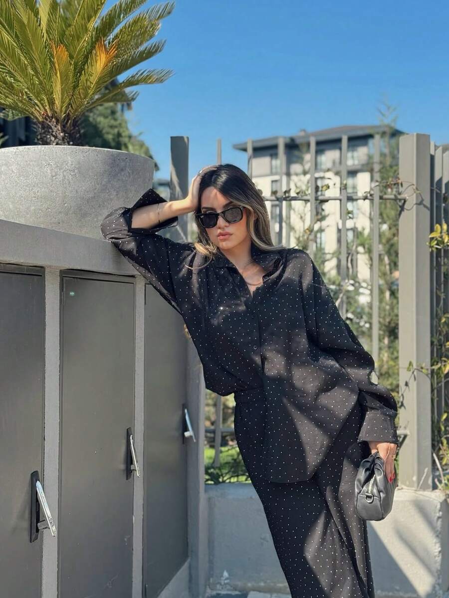 Women's Casual Commuting Two Pieces Set With Hot Drilling, Loose Shirt + Wide-Leg Pants Casual Suit For Commuting And Dating Outfits Black Spring - Black - View 1