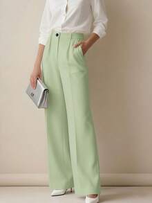 女士高腰褶裥宽松长裤，适合工作和休闲穿着，春夏款 - 青綠色 - 查看 4