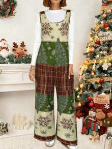 (No se incluye la camiseta) Mono de mujer con estampado de Papá Noel con tirantes, de pierna ancha y con bolsillos, ropa de estar por casa navideña informal, conjunto de Navidad de moda para mujer, mono de Navidad para uso diario casual, ropa de Navidad de moda, ropa informal de otoño para mujer