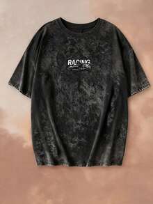 夏季新款休闲圆领扎染短袖T恤，饰有赛车和英文印花，时尚百搭，女士必备 - 黑色 - 查看 5