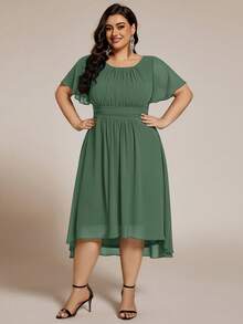 Robe de demoiselle d'honneur verte en mousseline de soie à encolure ronde, manches courtes, ourlet asymétrique, coupe oversize, taille haute, convient pour les invités de mariage au printemps - Vert - Voir 5
