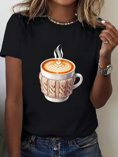 Camiseta vintage de mujer con estampado de café - 200gsm de peso pesado 100% de ajuste holgado de manga corta con cuello redondo, estilo casual de calle con diseño de taza de café y arte de latte - Atuendo casual de primavera y verano para amantes del café (blanco con estampado de café marrón) - Lavar a mano o en seco - Ajuste relajado para capas - Estilo casual de inspiración retro - Perfecto para entusiastas del café