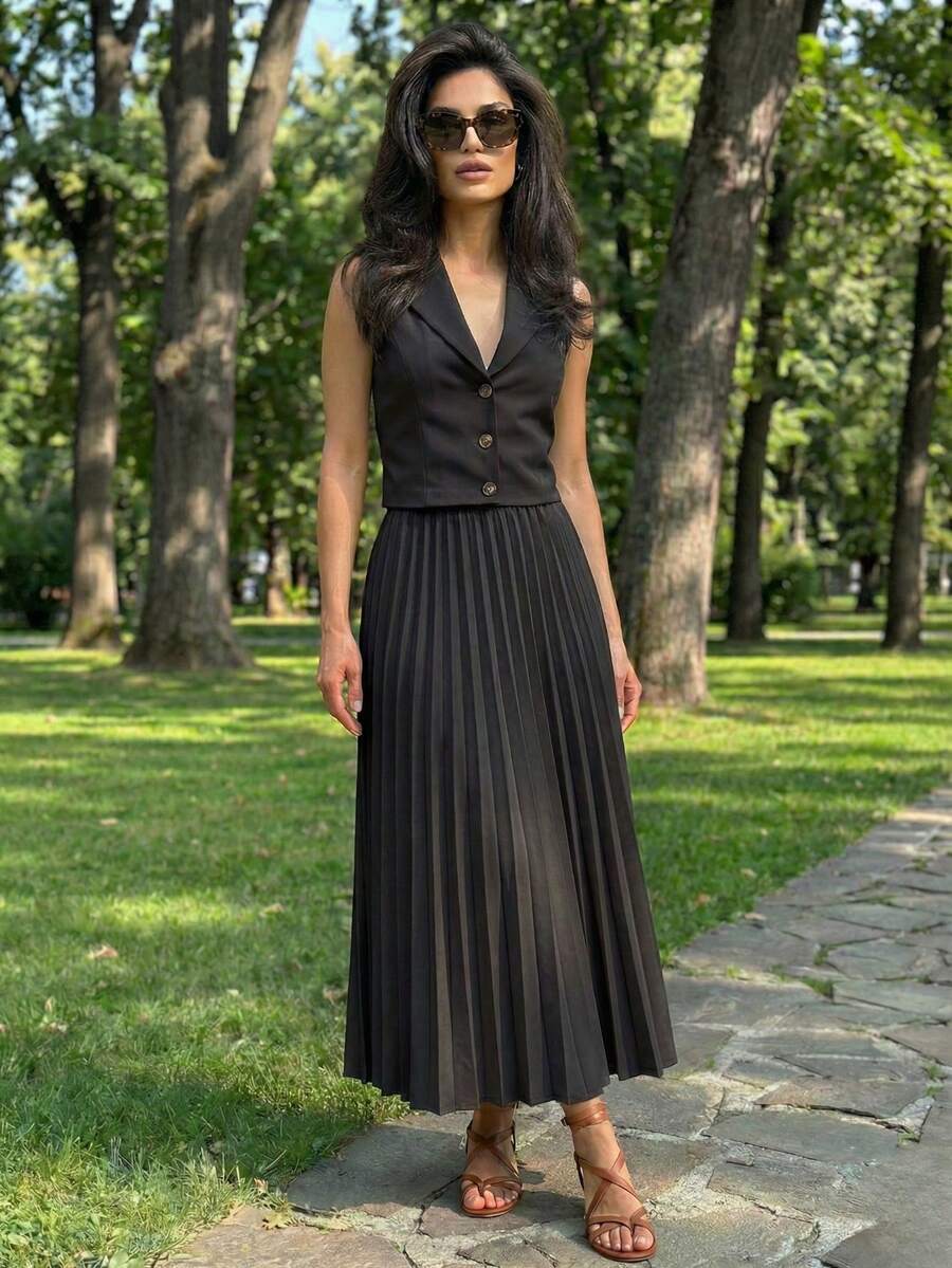 Women's Tailored Set Vest + Elegant Pleated Skirt In 6 Colors S M L) Blingbling, Elegant, Casual. With Button Closure Ideal For Evening, Party And Graduation - 黑色 - 查看 1