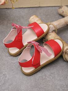 Kids' Gingham Bow-Accented Open-Toe Sandals For Summer Outdoor Adventures, Back-To-School Playdates, Christmas Party Celebrations & Family Holiday Getaways – Comfortable Strap Footwear For Little Kids - Red - View 4