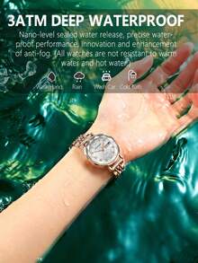 POEDAGAR 1款时尚女士玫瑰金不锈钢防水夜光日期显示腕表，饰有图案表盘和水钻，优雅石英表，适合日常佩戴和正式场合，女士礼物