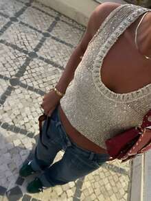 Mejors 女士法式时尚休闲可爱闪亮纹理不对称下摆圆领无袖针织吊带背心，适合度假穿着，夏季必备 - 香檳色 - 查看 3