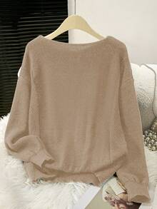 Sylvia 女士简约百搭圆领宽松透气针织套头毛衣，适合日常穿着、通勤、办公、下午茶、旅行等场合。 - 卡其色 - 查看 2