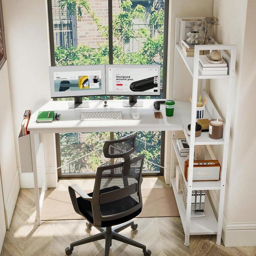 47 Inch L Shaped Computer Desk With Reversible Storage Shelves, Home Office Corner Desk Study Writing Table With Hutch, Study, - trắng - Xem 1