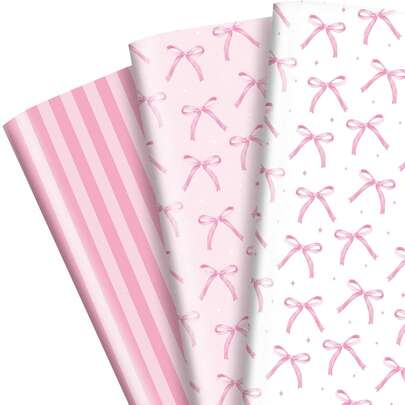 5PCS Pink Bow Wrapping Paper Coquette Pretty Bows Wrap Paper For Valentines,Bachelorette Party Favor,Girly Birthday Gift Wrap, DIY Crafts Party Supplies