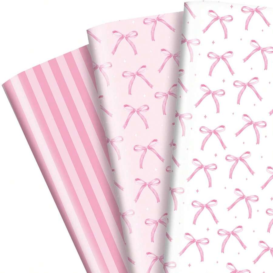 5PCS Pink Bow Wrapping Paper Coquette Pretty Bows Wrap Paper For Valentines,Bachelorette Party Favor,Girly Birthday Gift Wrap, DIY Crafts Party Supplies - Multicolor - View 1
