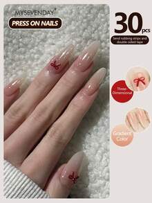 30 Pieces Press On Nails Almond/Three Dimensional Bow Nude Color Press On Nail Plate For Sweet And Hot Girl Nail Art/Perfectly Fitting Acrylic Fake Nail Set, Including 1 Jelly Glue And 1 Nail File, Suitable For Women's Daily Work, Study, And Gatherings In Autumn And Winter Nail Products Suitable For Gatherings, Festivals , And Daily Use