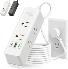 GALASALA Regleta Multicontacto Extension Electrica con Protector Supresor de Picos Voltaje, 1.8 M, Enchufe Plano, 6 Salidas, 3 USB (2 USB-C) Conector Multiple Sleek Socket para Hogar Oficina - Negro U86-1 - Ver 1