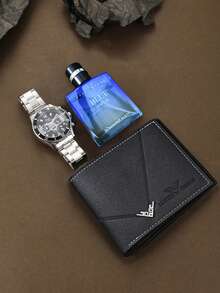 3pcs Men's Versatile Wallet + Long-Lasting Fragrance Perfume And Business Sports Steel Band Wrist Watch Elegant Gift Set, Perfect For Christmas, Valentine's Day, Birthday - Black - View 2