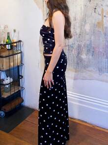 Women 2 Piece Skirt Set Strapless Polka Dot Top And Matching Long Skirt Summer Outfit For Party Club Elegant Women Two Piece Outfits Sets - Black - View 6