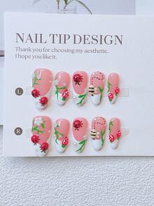 10pcs Y2K Nails Almond-Shaped Press On Nails Set - Handcrafted, Pink Nails, White Nails, White French Tip Nails, Handmade 3D Ladybug & 3D Bee And 3D Strawberry, Hand Drawn Green Flower Branch Design, White Little Flowers Element Decoration , Delicate Cute Nails - Perfect For Parties & Casual Attire,Perfect Holiday Gift For Women And Girls - 彩色 - 查看 3