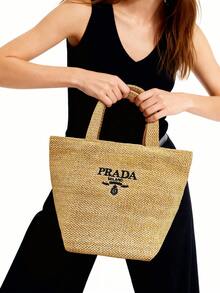 Prada Y2K Beauty Handbag Made Of Straw Mini Tote Bag Casual And Convenient - Khaki - View 1