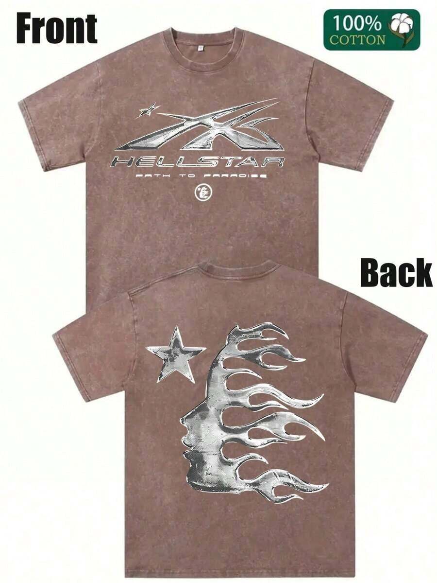 Men's Printed Pattern Washed T-Shirt - Casual Loose Summer T-Shirt With Star And Flame Design, Adult Brown 100% Pure Cotton Round Neck Shirt, Breathable T-Shirt |   Avant-Garde Casual Wear |   100% Pure Cotton Printed T-Shirt - 咖啡色 - 查看 1